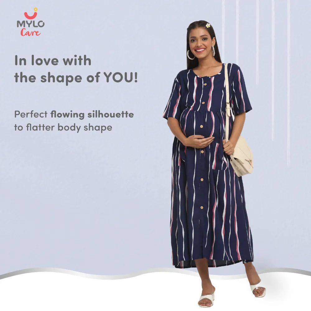 Maternity Dresses For Women with Both Side Zipper For Easy Feeding | Adjustable Belt for Growing Belly | Maxi Dress | Stripes - Dark Blue | M