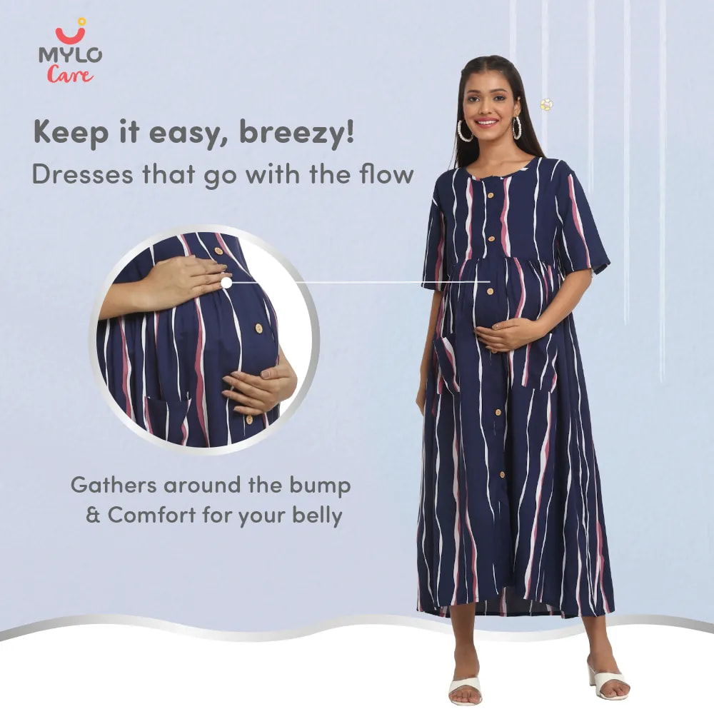 Maternity Dresses For Women with Both Side Zipper For Easy Feeding | Adjustable Belt for Growing Belly | Maxi Dress | Stripes - Dark Blue | M