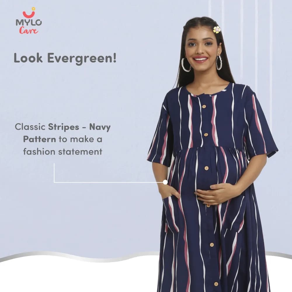 Maternity Dresses For Women with Both Side Zipper For Easy Feeding | Adjustable Belt for Growing Belly | Maxi Dress | Stripes - Dark Blue | XL