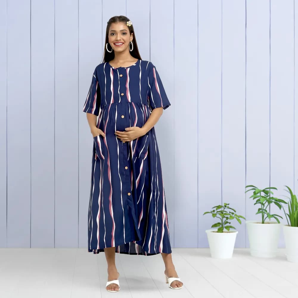 Maternity Dresses For Women with Both Side Zipper For Easy Feeding | Adjustable Belt for Growing Belly | Maxi Dress | Stripes - Dark Blue | XXL