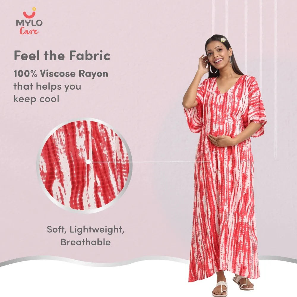Maternity Dresses For Women with Both Side Zipper For Easy Feeding | Adjustable Belt for Growing Belly | Kaftan Dress | Shibori Print - Fuchsia | M