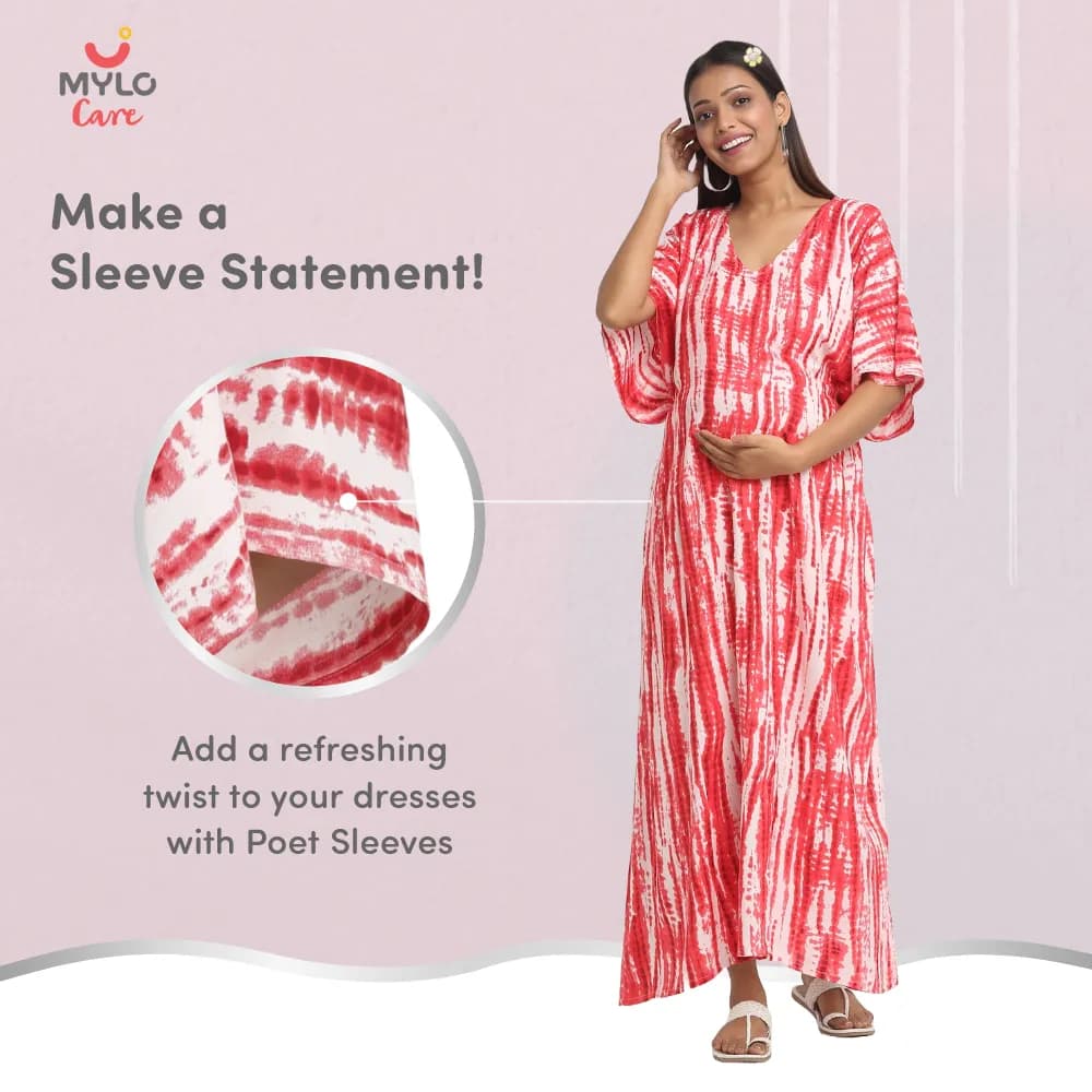 Maternity Dresses For Women with Both Side Zipper For Easy Feeding | Adjustable Belt for Growing Belly | Kaftan Dress | Shibori Print - Fuchsia | M