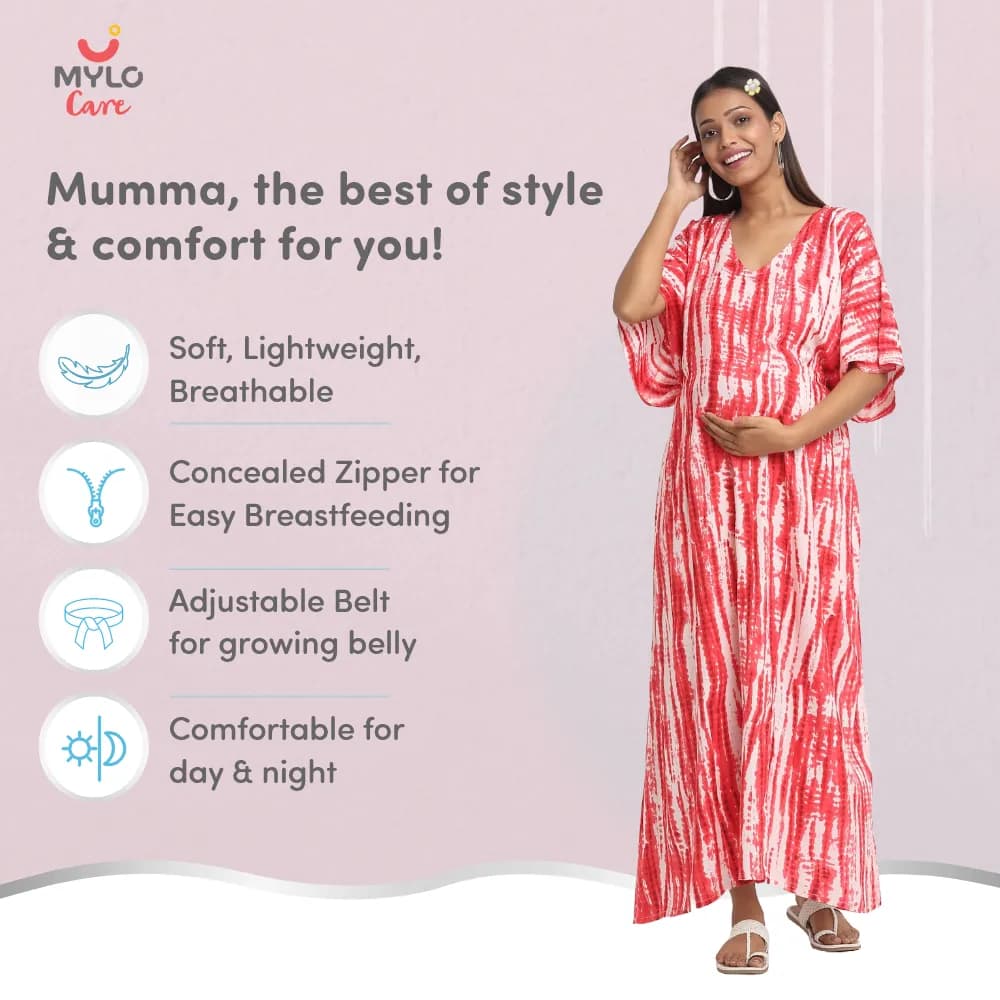Maternity Dresses For Women with Both Side Zipper For Easy Feeding | Adjustable Belt for Growing Belly | Kaftan Dress | Shibori Print - Fuchsia | XXL