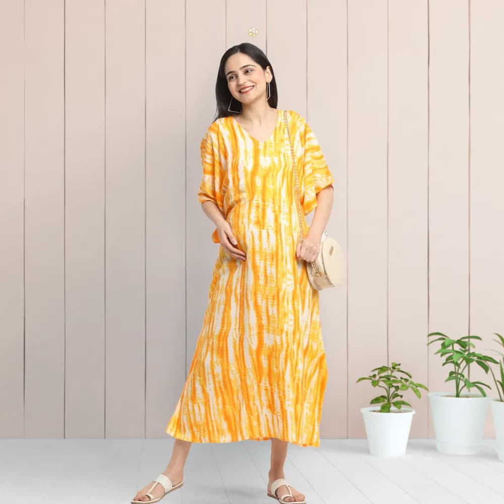 Maternity Dresses For Women with Both Side Zipper For Easy Feeding | Adjustable Belt for Growing Belly | Kaftan Dress | Shibori Print - Orange | M
