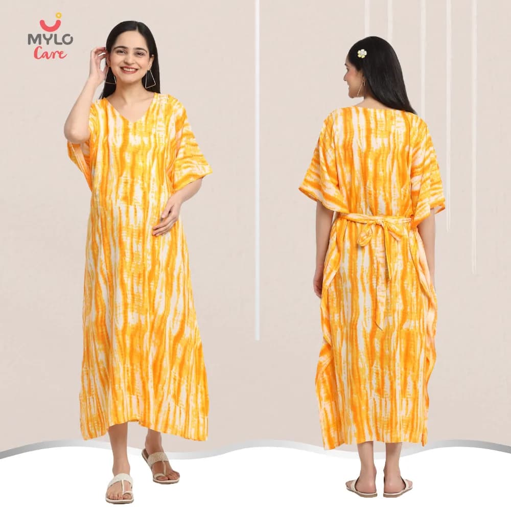 Maternity Dresses For Women with Both Side Zipper For Easy Feeding | Adjustable Belt for Growing Belly | Kaftan Dress | Shibori Print - Orange | M