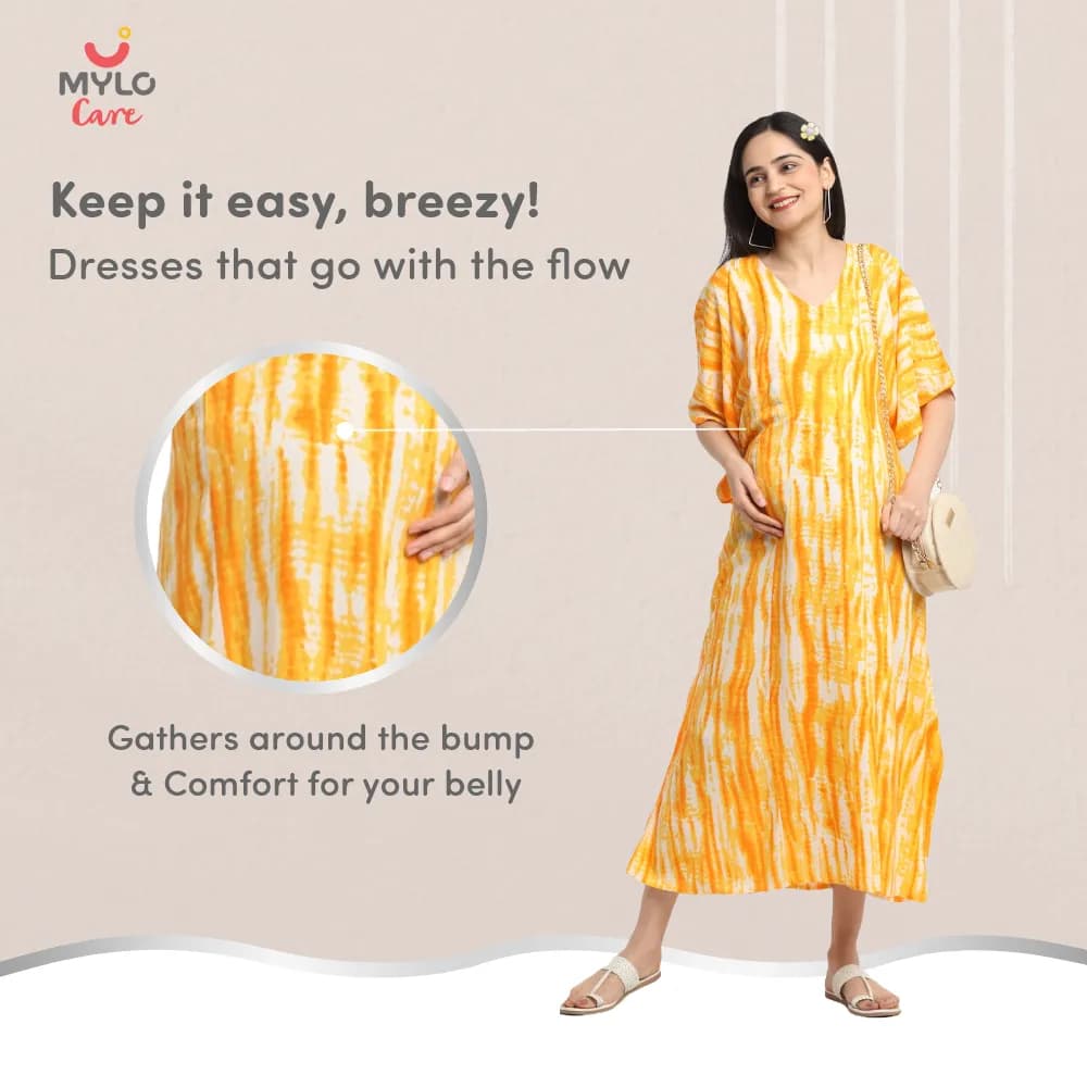 Maternity Dresses For Women with Both Side Zipper For Easy Feeding | Adjustable Belt for Growing Belly | Kaftan Dress | Shibori Print - Orange | L