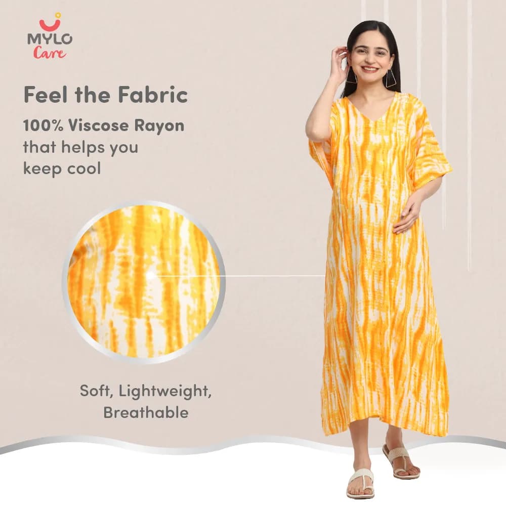 Maternity Dresses For Women with Both Side Zipper For Easy Feeding | Adjustable Belt for Growing Belly | Kaftan Dress | Shibori Print - Orange | L