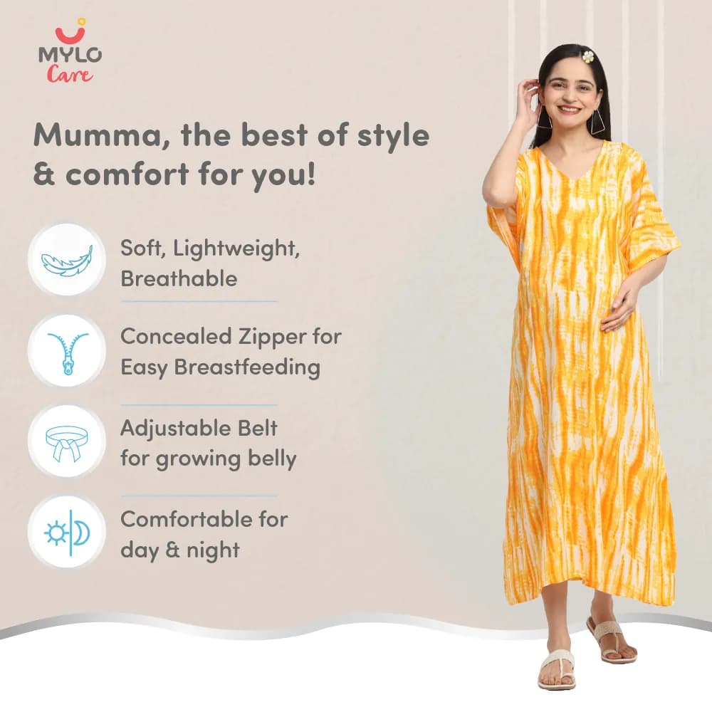Maternity Dresses For Women with Both Side Zipper For Easy Feeding | Adjustable Belt for Growing Belly | Kaftan Dress | Shibori Print - Orange | XL