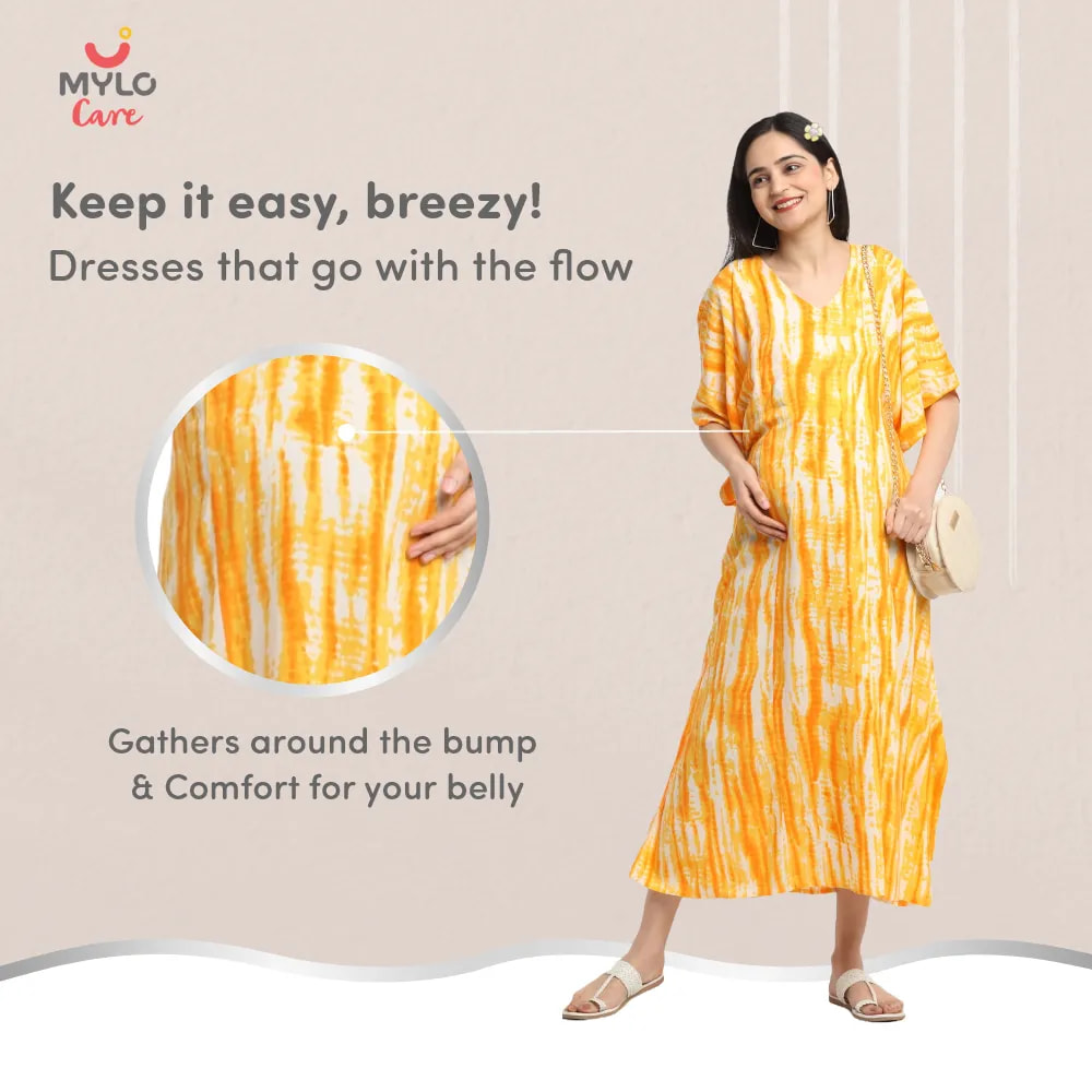 Maternity Dresses For Women with Both Side Zipper For Easy Feeding | Adjustable Belt for Growing Belly | Kaftan Dress | Shibori Print - Orange | XXL