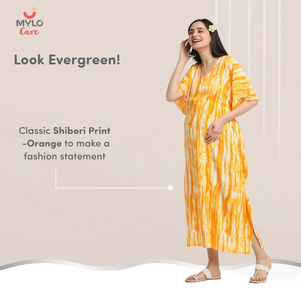 Maternity Dresses For Women with Both Side Zipper For Easy Feeding | Adjustable Belt for Growing Belly | Kaftan Dress | Shibori Print - Orange | XXL