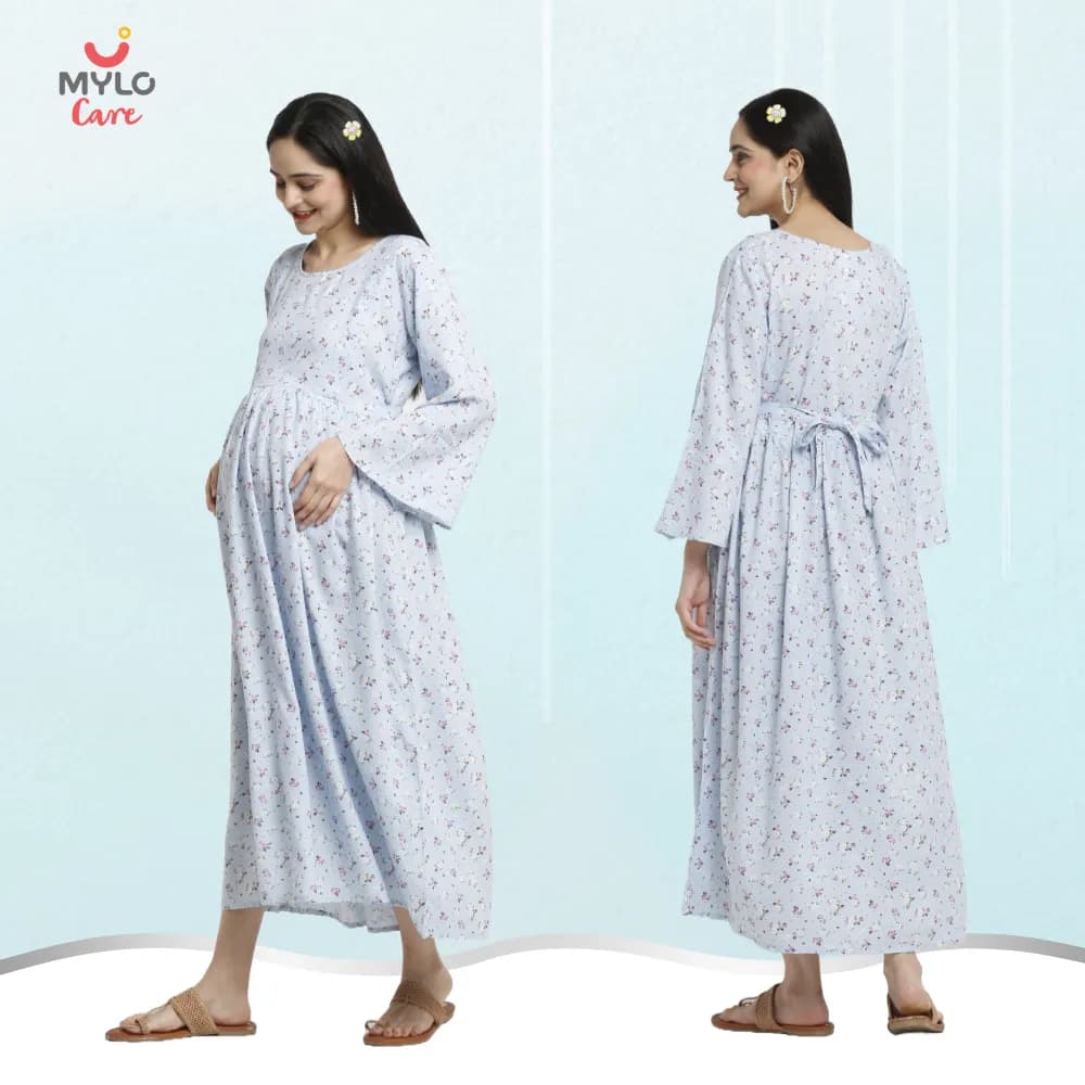 Maternity Dresses For Women with Both Side Zipper For Easy Feeding | Adjustable Belt for Growing Belly | Maxi Dress | Ditsy Daisy - Blue | M