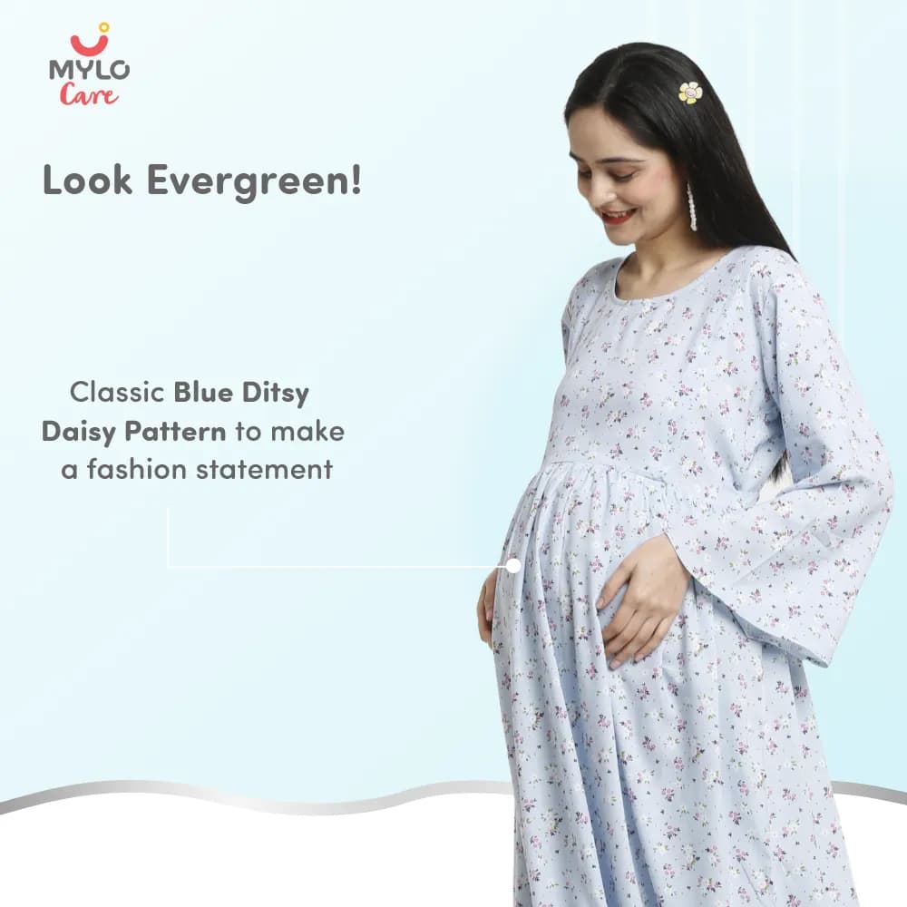 Maternity Dresses For Women with Both Side Zipper For Easy Feeding | Adjustable Belt for Growing Belly | Maxi Dress | Ditsy Daisy - Blue | M