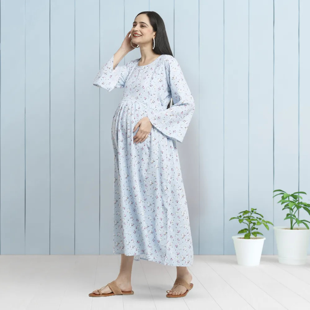 Maternity Dress Maxi - L - Ditsy Daisy - Blue