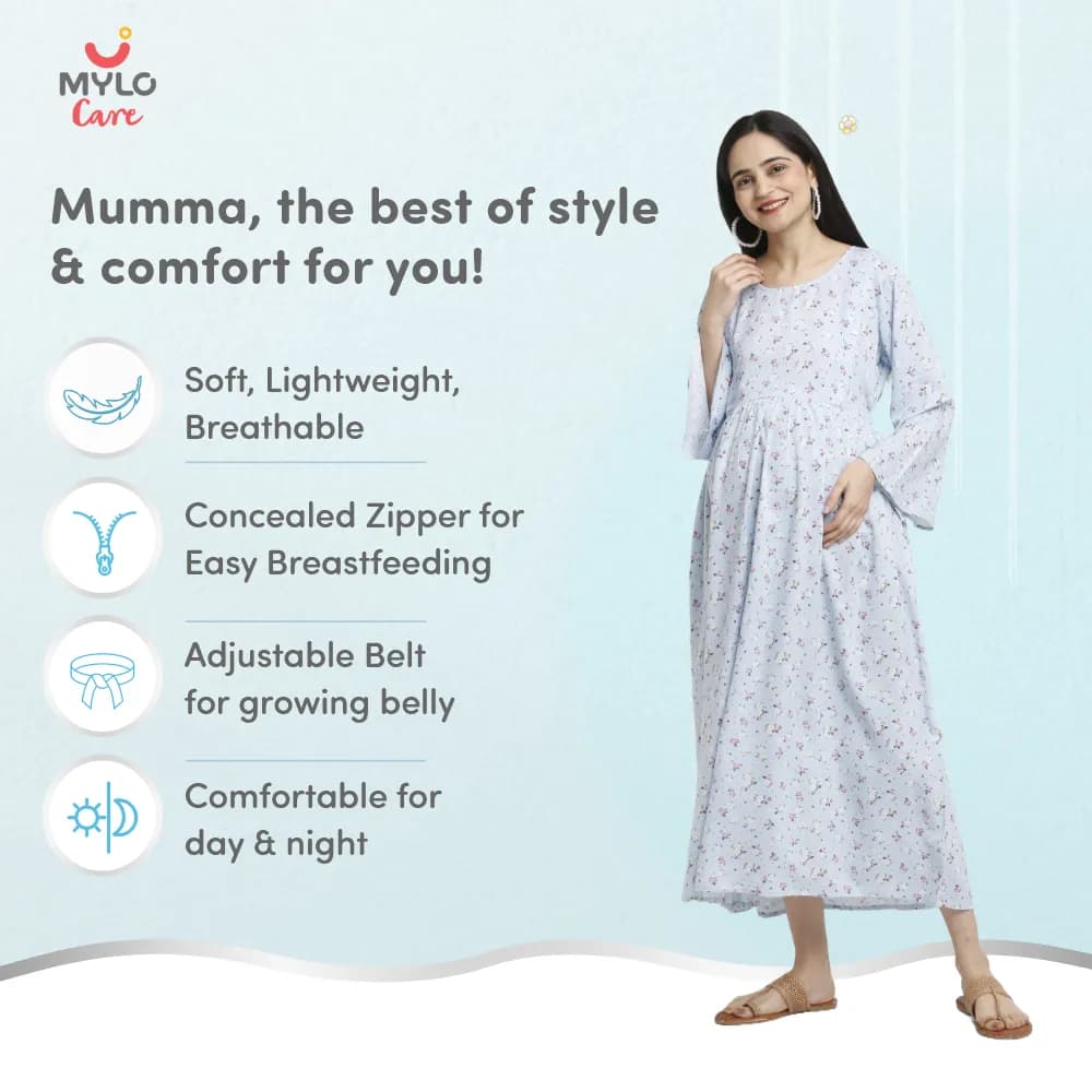 Maternity Dresses For Women with Both Side Zipper For Easy Feeding | Adjustable Belt for Growing Belly | Maxi Dress | Ditsy Daisy - Blue | L