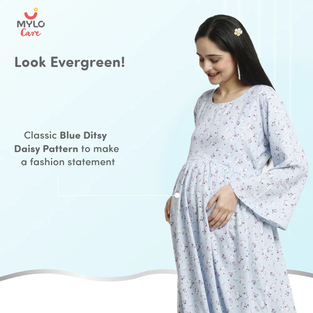 Maternity Dresses For Women with Both Side Zipper For Easy Feeding | Adjustable Belt for Growing Belly | Maxi Dress | Ditsy Daisy - Blue | XXL