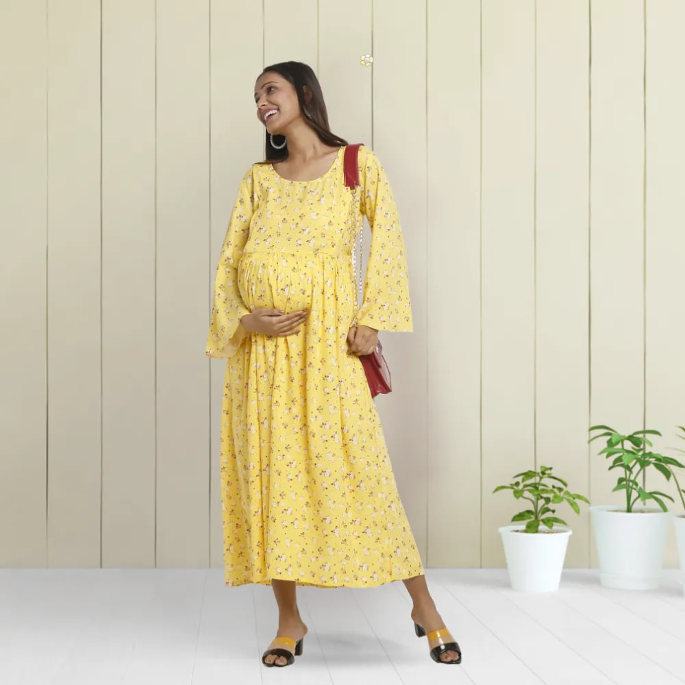 Maternity Dresses For Women with Both Side Zipper For Easy Feeding | Adjustable Belt for Growing Belly | Maxi Dress | Ditsy Daisy - Mustard | M