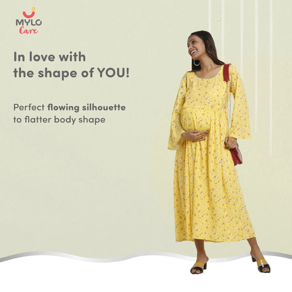 Maternity Dresses For Women with Both Side Zipper For Easy Feeding | Adjustable Belt for Growing Belly | Maxi Dress | Ditsy Daisy - Mustard | L