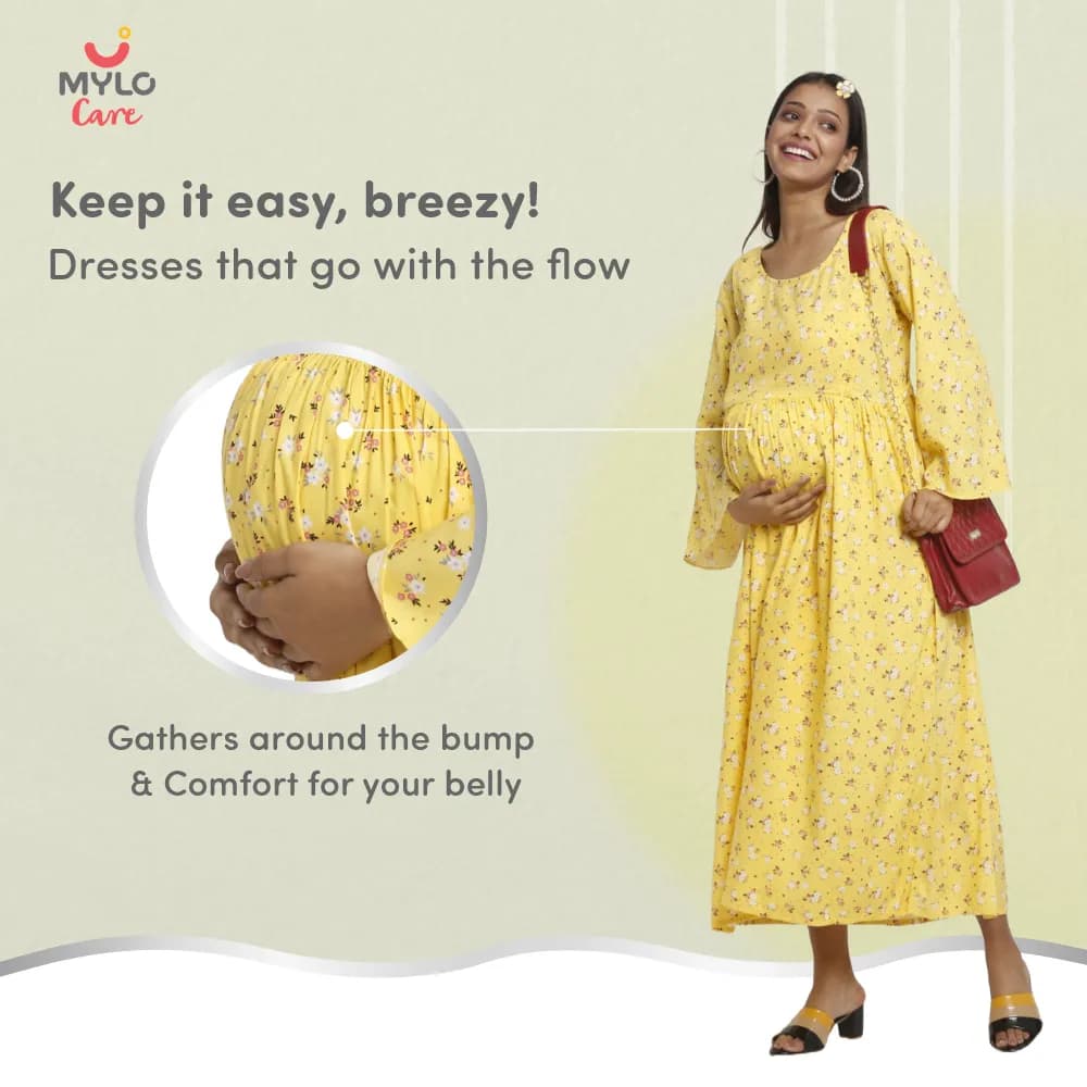 Maternity Dresses For Women with Both Side Zipper For Easy Feeding | Adjustable Belt for Growing Belly | Maxi Dress | Ditsy Daisy - Mustard | XL