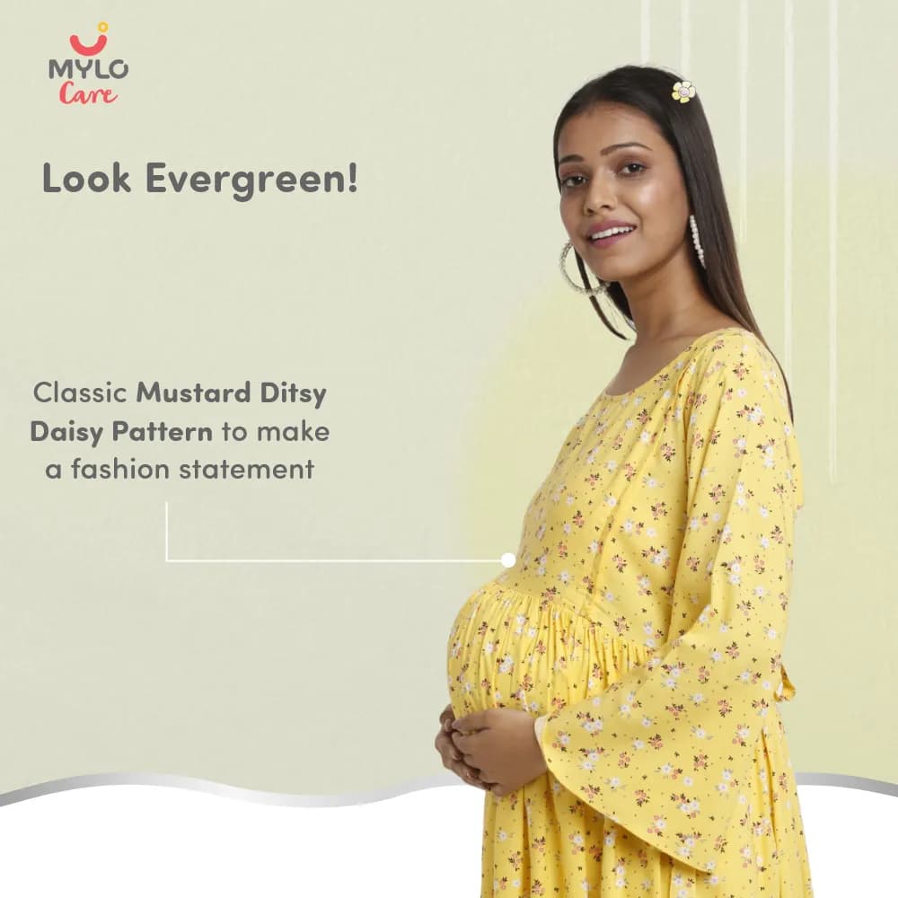 Maternity Dresses For Women with Both Side Zipper For Easy Feeding | Adjustable Belt for Growing Belly | Maxi Dress | Ditsy Daisy - Mustard | XL
