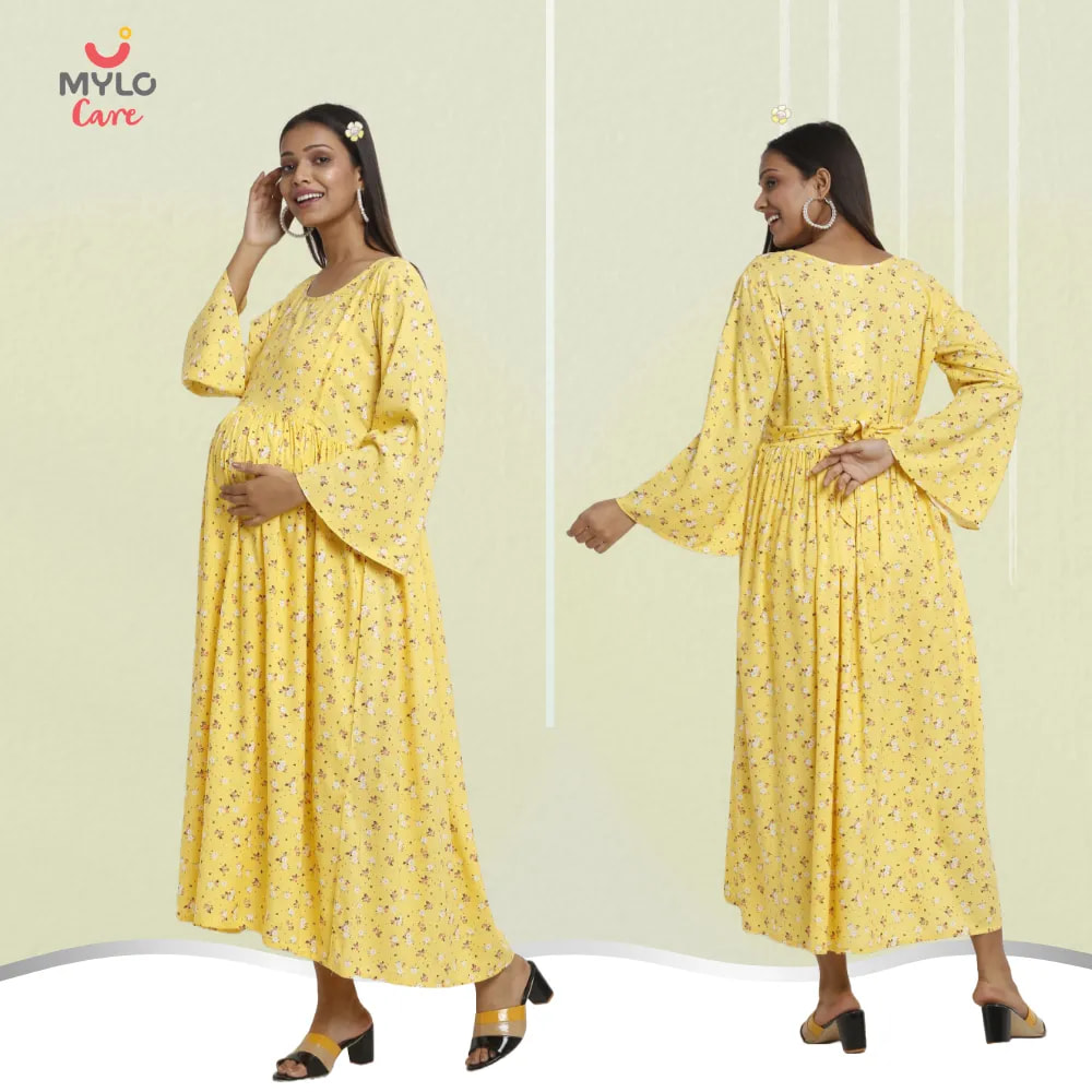 Maternity Dresses For Women with Both Side Zipper For Easy Feeding | Adjustable Belt for Growing Belly | Maxi Dress | Ditsy Daisy - Mustard | XXL