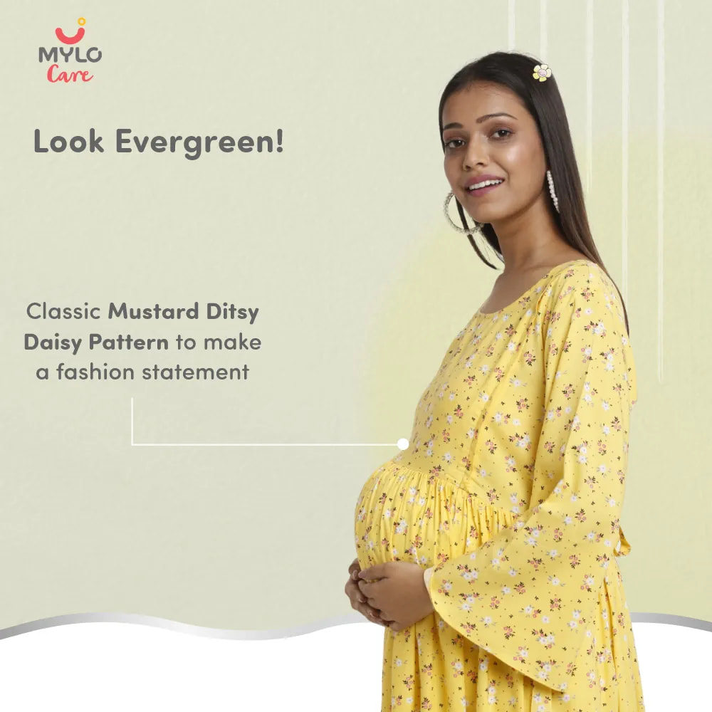 Maternity Dresses For Women with Both Side Zipper For Easy Feeding | Adjustable Belt for Growing Belly | Maxi Dress | Ditsy Daisy - Mustard | XXL