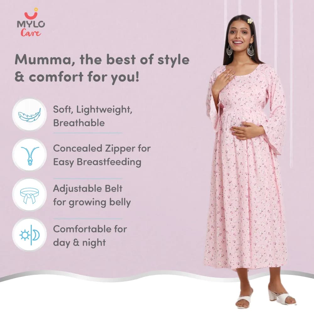 Maternity Dresses For Women with Both Side Zipper For Easy Feeding | Adjustable Belt for Growing Belly | Maxi Dress | Ditsy Daisy - Pink | L