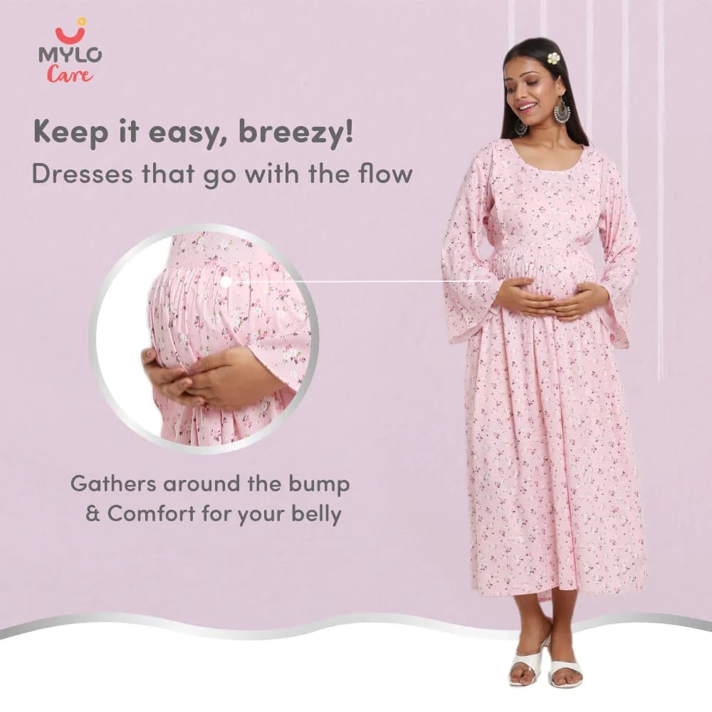 Maternity Dresses For Women with Both Side Zipper For Easy Feeding | Adjustable Belt for Growing Belly | Maxi Dress | Ditsy Daisy - Pink | L