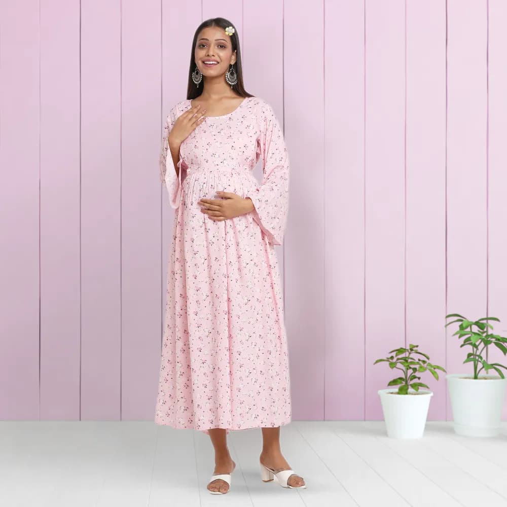 Maternity Dresses For Women with Both Side Zipper For Easy Feeding | Adjustable Belt for Growing Belly | Maxi Dress | Ditsy Daisy - Pink | XL