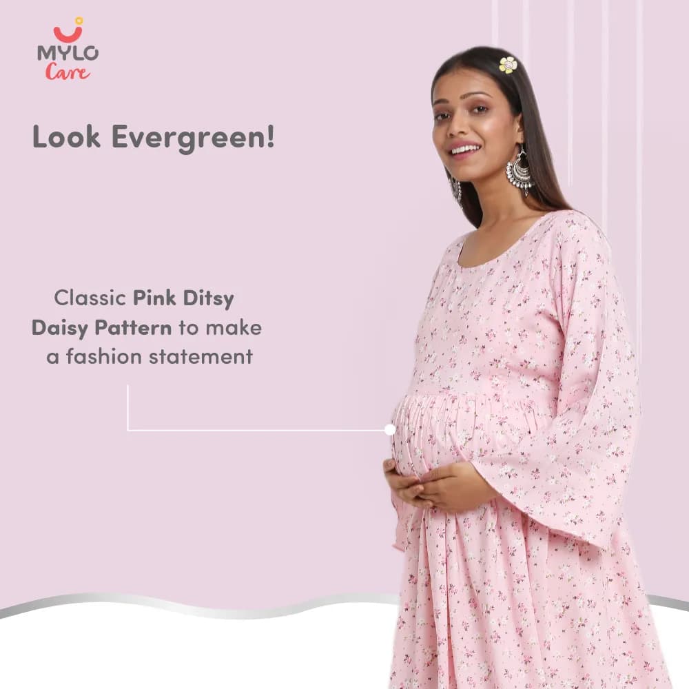 Maternity Dresses For Women with Both Side Zipper For Easy Feeding | Adjustable Belt for Growing Belly | Maxi Dress | Ditsy Daisy - Pink | XXL