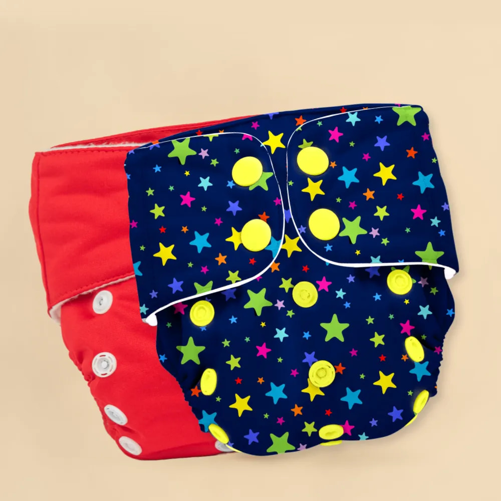 Adjustable & Reusable Cloth Diapers with 2 Insert Pads - Twinkle Print + Red Solid - Pack of 2