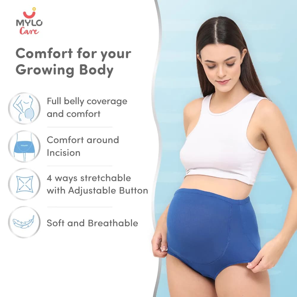 High Waist Maternity Panty for Pregnancy & Post-Delivery | Anti-Microbial with Comfy Adjustable Waistband - Blue & Black - M - Pack of 2