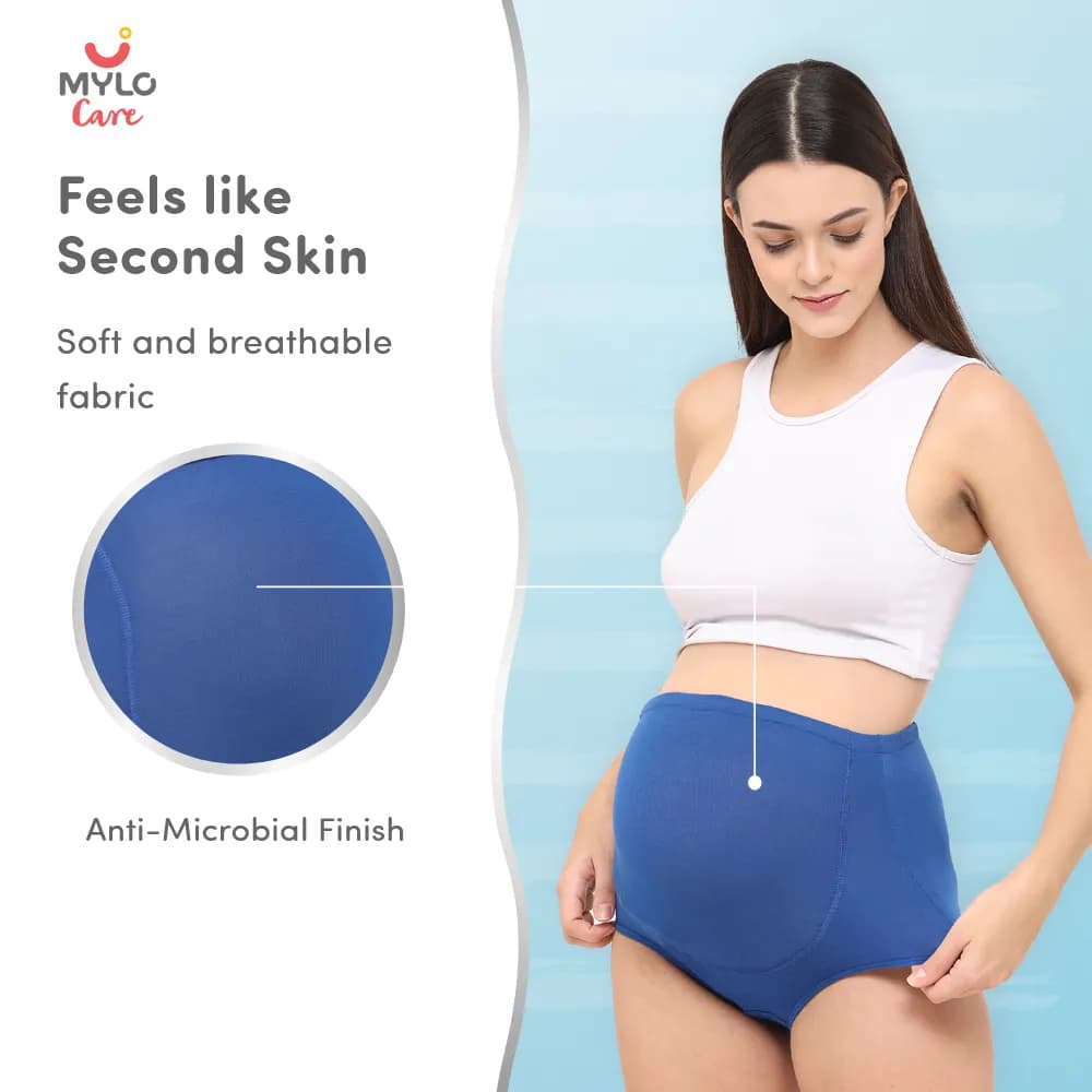 High Waist Maternity Panty for Pregnancy & Post-Delivery | Anti-Microbial with Comfy Adjustable Waistband - Blue & Black - M - Pack of 2