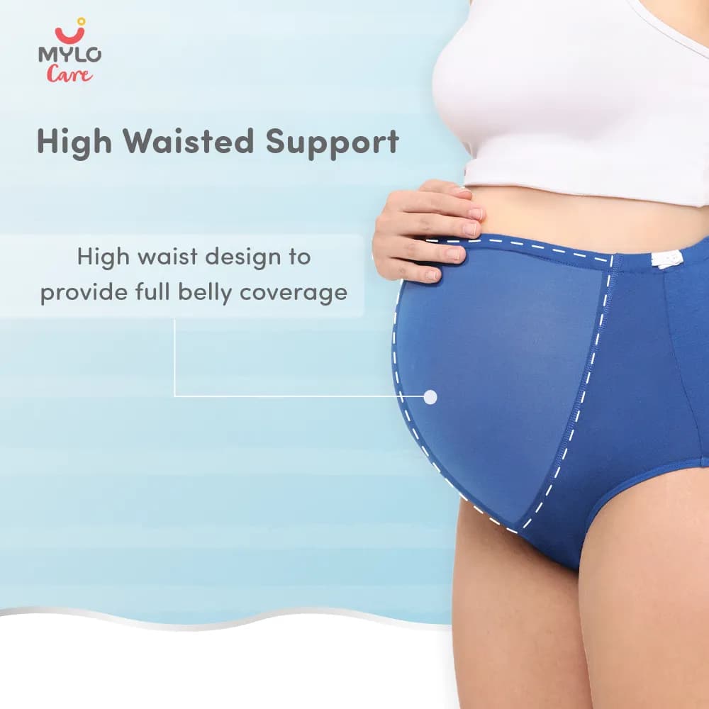 High Waist Maternity Panty for Pregnancy & Post-Delivery | Anti-Microbial with Comfy Adjustable Waistband - Blue & Black - XXL - Pack of 2