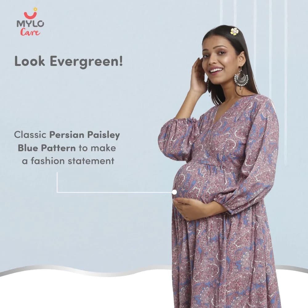 Maternity Dresses For Women with Both Side Zipper For Easy Feeding | Adjustable Belt for Growing Belly | Maxi Dress | Persian Paisley - Blue | L
