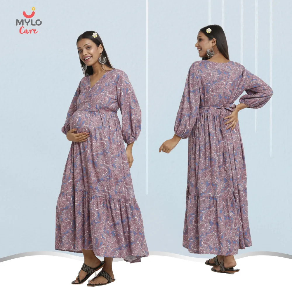 Maternity Dresses For Women with Both Side Zipper For Easy Feeding | Adjustable Belt for Growing Belly | Maxi Dress | Persian Paisley - Blue | XL