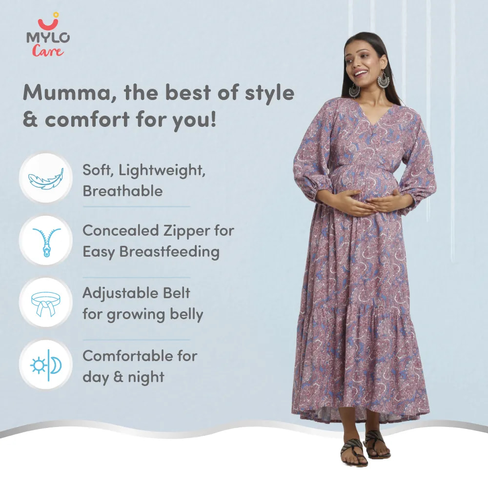 Maternity Dresses For Women with Both Side Zipper For Easy Feeding | Adjustable Belt for Growing Belly | Maxi Dress | Persian Paisley - Blue | XL