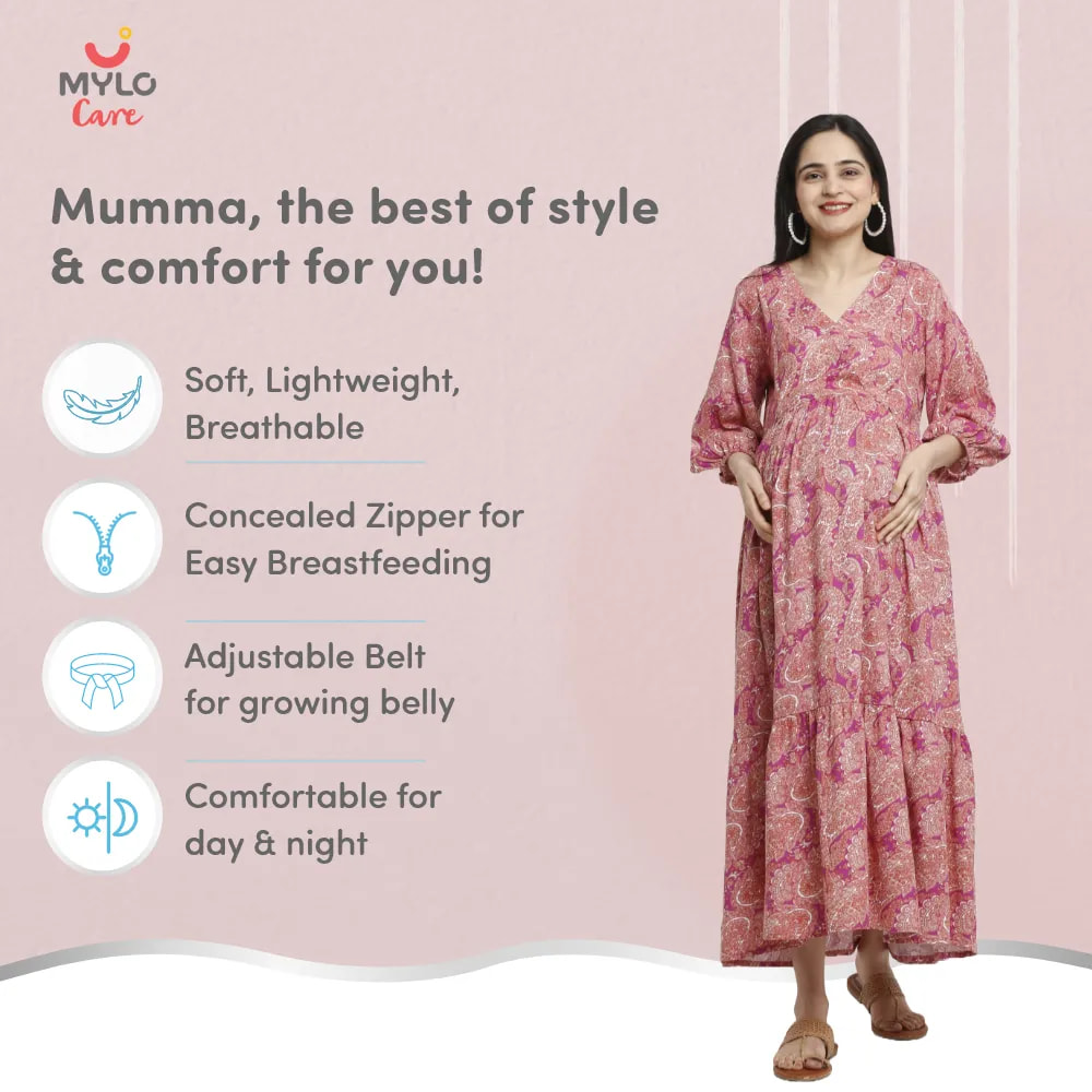 Maternity Dresses For Women with Both Side Zipper For Easy Feeding | Adjustable Belt for Growing Belly | Maxi Dress | Persian Paisley - Pink | M