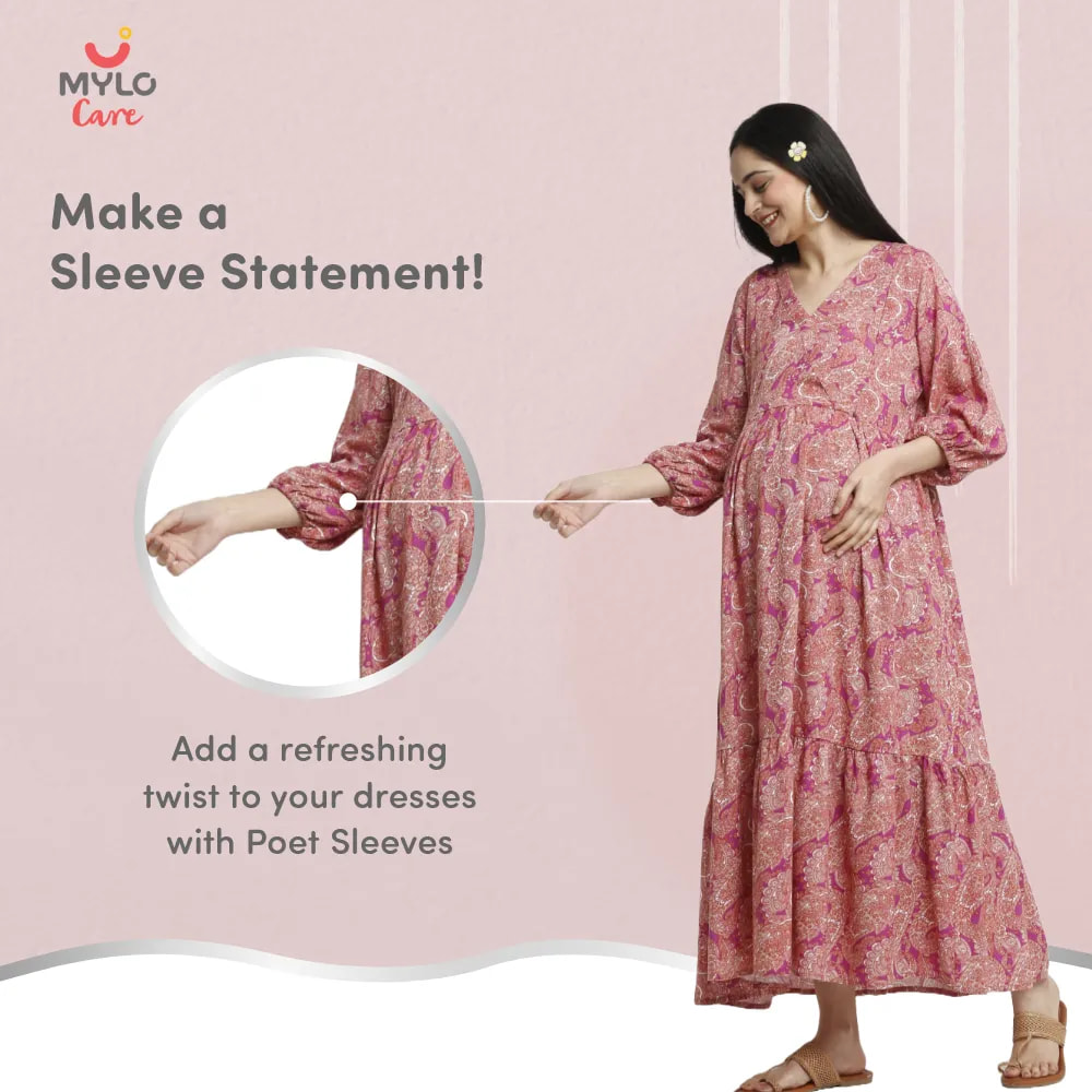 Maternity Dresses For Women with Both Side Zipper For Easy Feeding | Adjustable Belt for Growing Belly | Maxi Dress | Persian Paisley - Pink | M