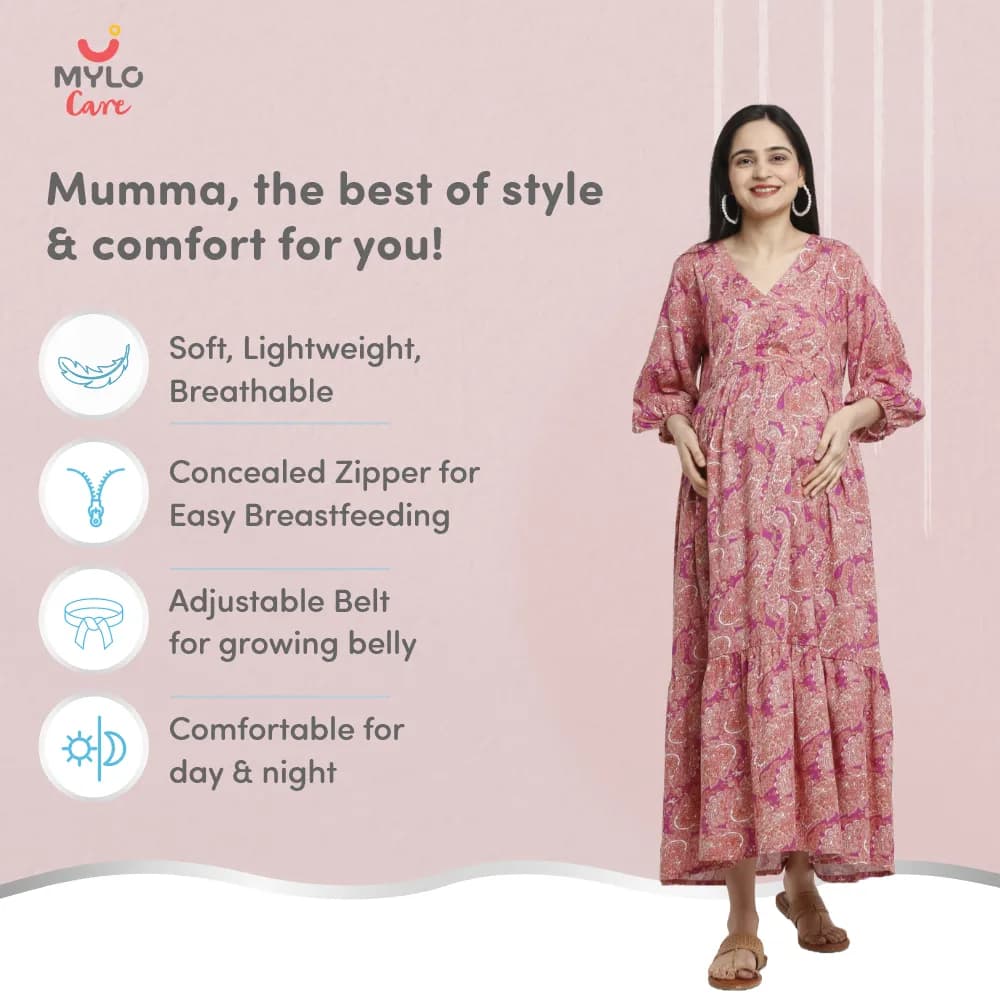 Maternity Dresses For Women with Both Side Zipper For Easy Feeding | Adjustable Belt for Growing Belly | Maxi Dress | Persian Paisley - Pink | L