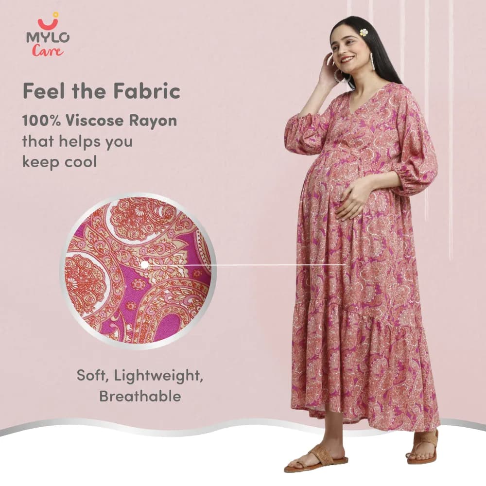 Maternity Dresses For Women with Both Side Zipper For Easy Feeding | Adjustable Belt for Growing Belly | Maxi Dress | Persian Paisley - Pink | L