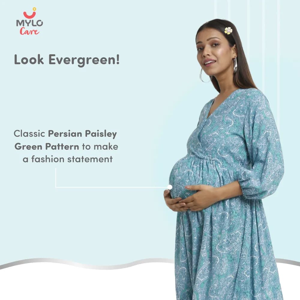 Maternity Dresses For Women with Both Side Zipper For Easy Feeding | Adjustable Belt for Growing Belly | Maxi Dress | Persian Paisley - Green | M
