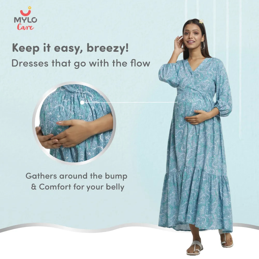 Maternity Dresses For Women with Both Side Zipper For Easy Feeding | Adjustable Belt for Growing Belly | Maxi Dress | Persian Paisley - Green | XXL