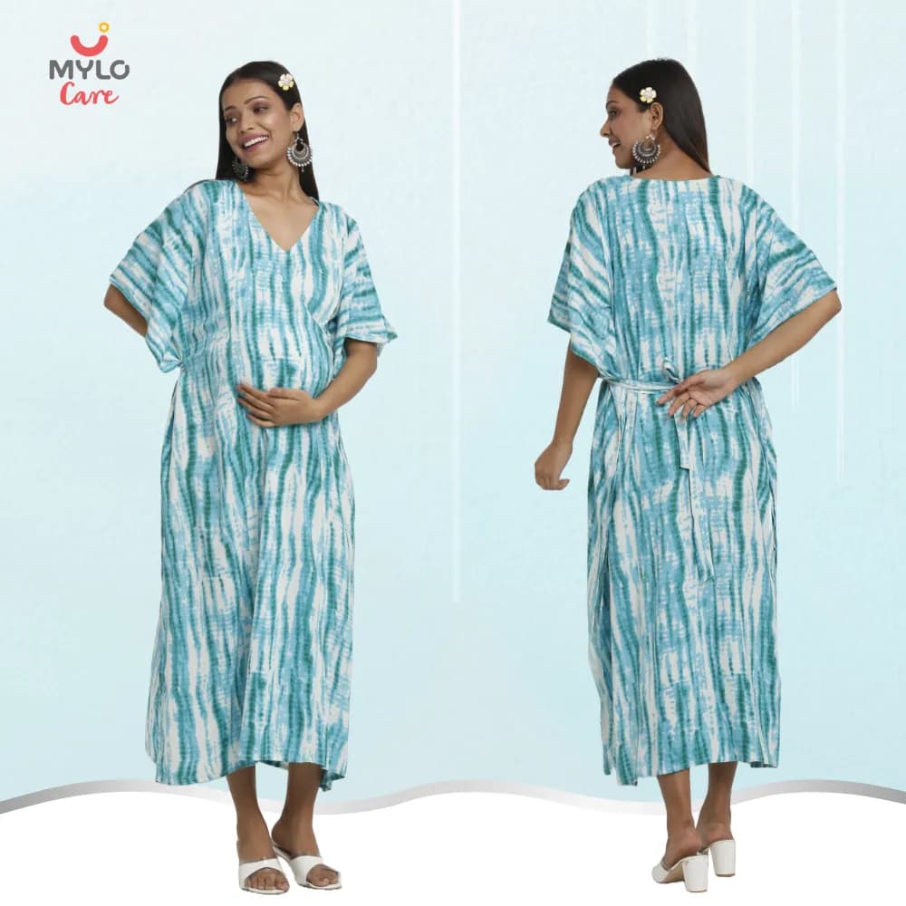Maternity Dresses For Women with Both Side Zipper For Easy Feeding | Adjustable Belt for Growing Belly | Kaftan Dress | Shibori Print - Sea Green | L