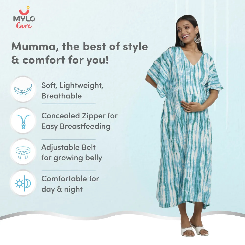 Maternity Dresses For Women with Both Side Zipper For Easy Feeding | Adjustable Belt for Growing Belly | Kaftan Dress | Shibori Print - Sea Green | XL