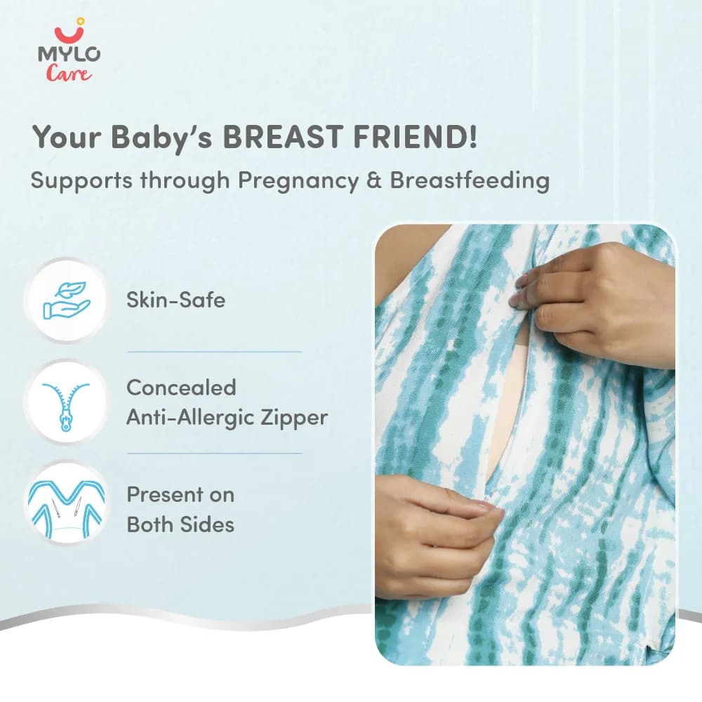 Maternity Dresses For Women with Both Side Zipper For Easy Feeding | Adjustable Belt for Growing Belly | Kaftan Dress | Shibori Print - Sea Green | XL