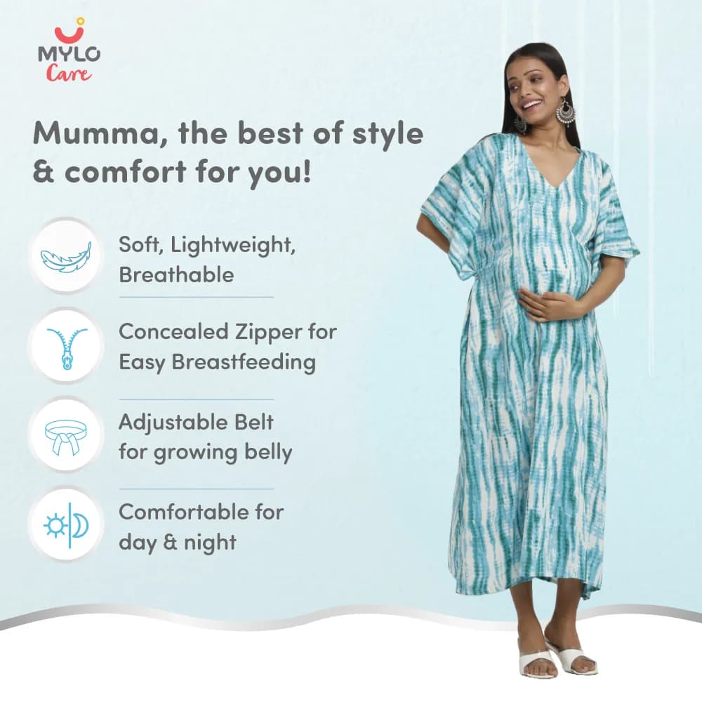 Maternity Dresses For Women with Both Side Zipper For Easy Feeding | Adjustable Belt for Growing Belly | Kaftan Dress | Shibori Print - Sea Green | XXL