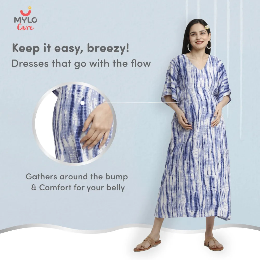 Maternity Dresses For Women with Both Side Zipper For Easy Feeding | Adjustable Belt for Growing Belly | Kaftan Dress | Shibori Print - Navy | M