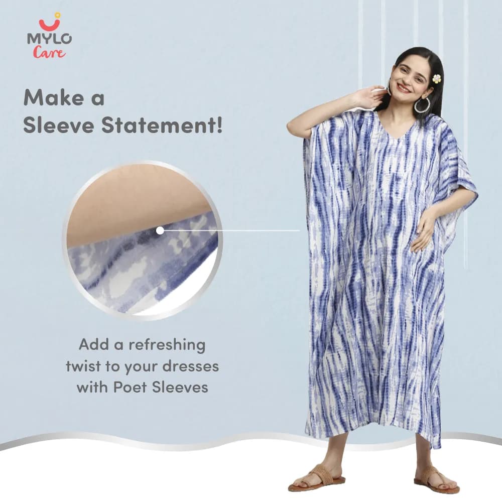 Maternity Dresses For Women with Both Side Zipper For Easy Feeding | Adjustable Belt for Growing Belly | Kaftan Dress | Shibori Print - Navy | M