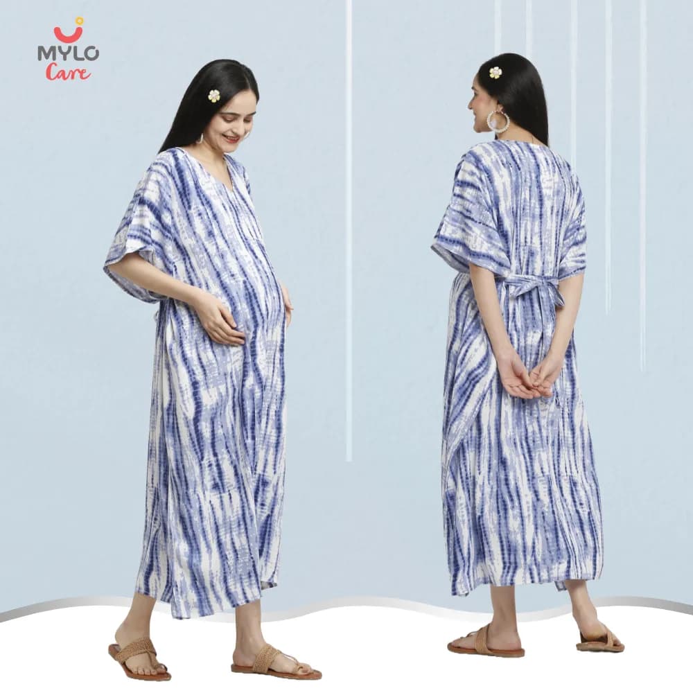 Maternity Dresses For Women with Both Side Zipper For Easy Feeding | Adjustable Belt for Growing Belly | Kaftan Dress | Shibori Print - Navy | L