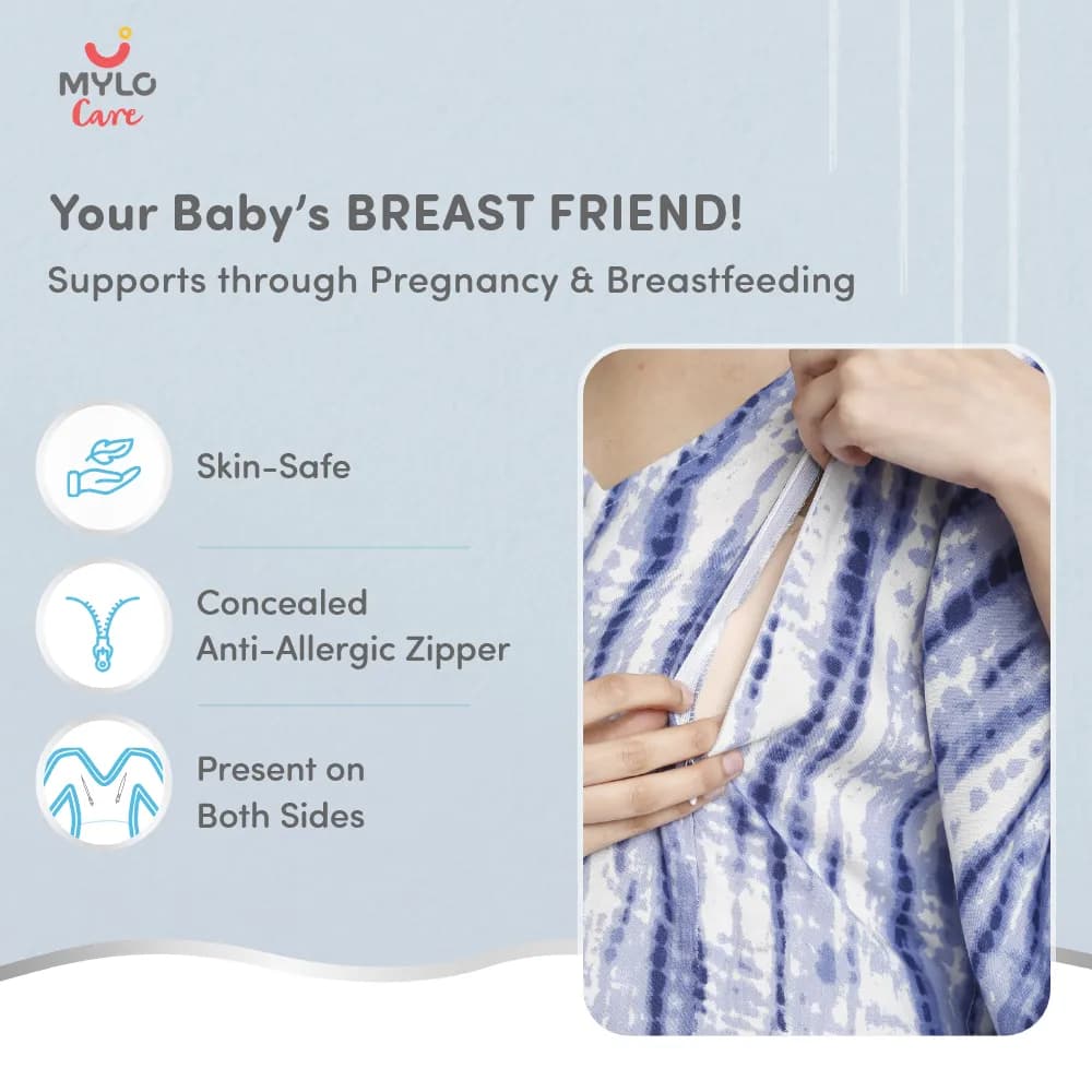 Maternity Dresses For Women with Both Side Zipper For Easy Feeding | Adjustable Belt for Growing Belly | Kaftan Dress | Shibori Print - Navy | L